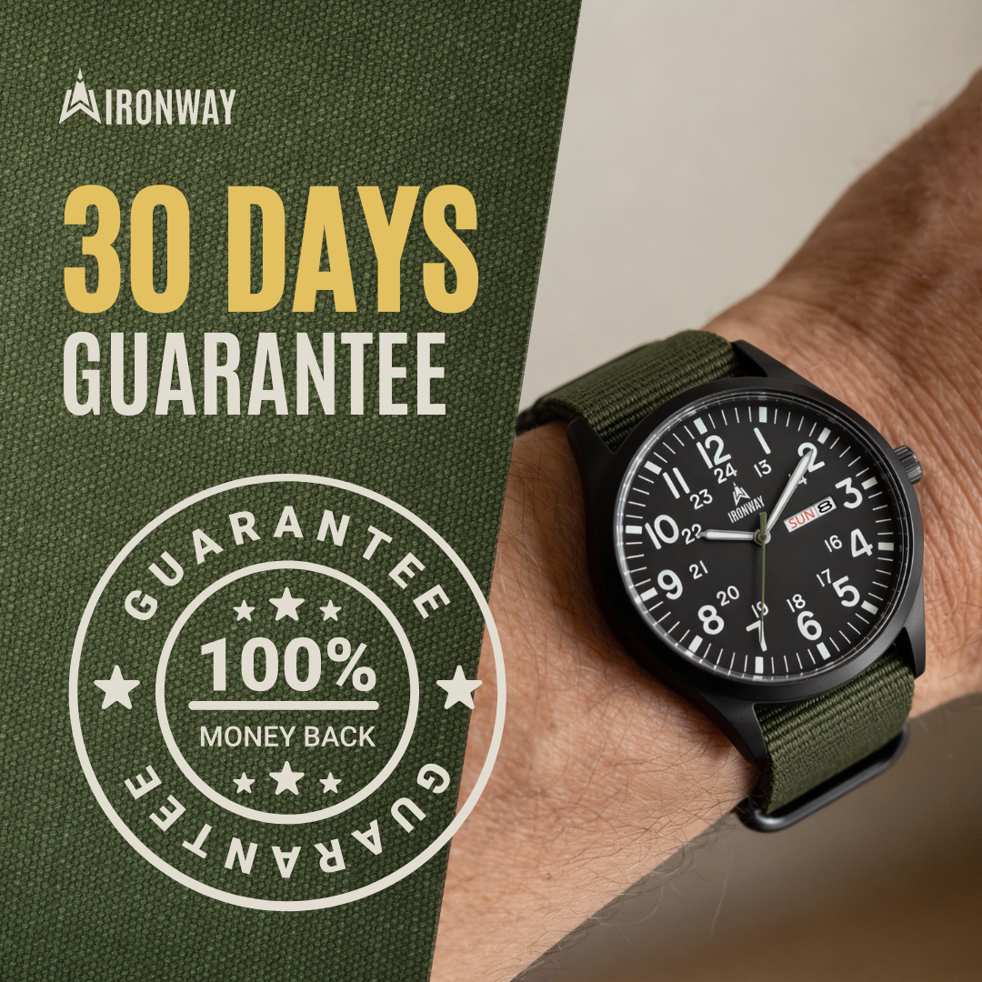 A close-up of a black watch with a green band on a person's wrist, next to a guarantee graphic.