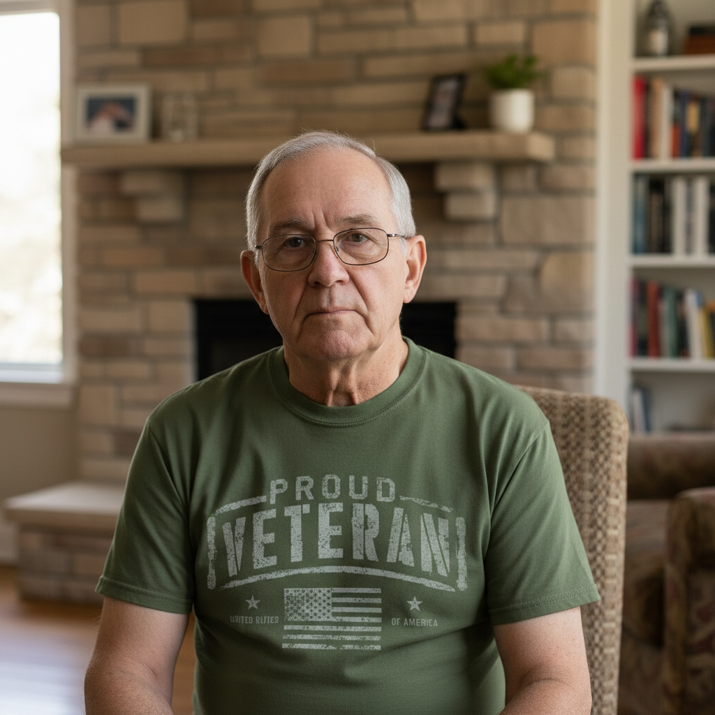 A seated older man with glasses wearing a green 'Proud Veteran' t-shirt looks at the camera.