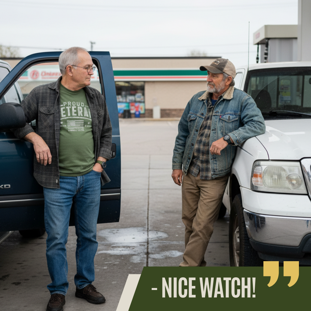 Two men stand between their pickup trucks at a gas station, talking to each other.