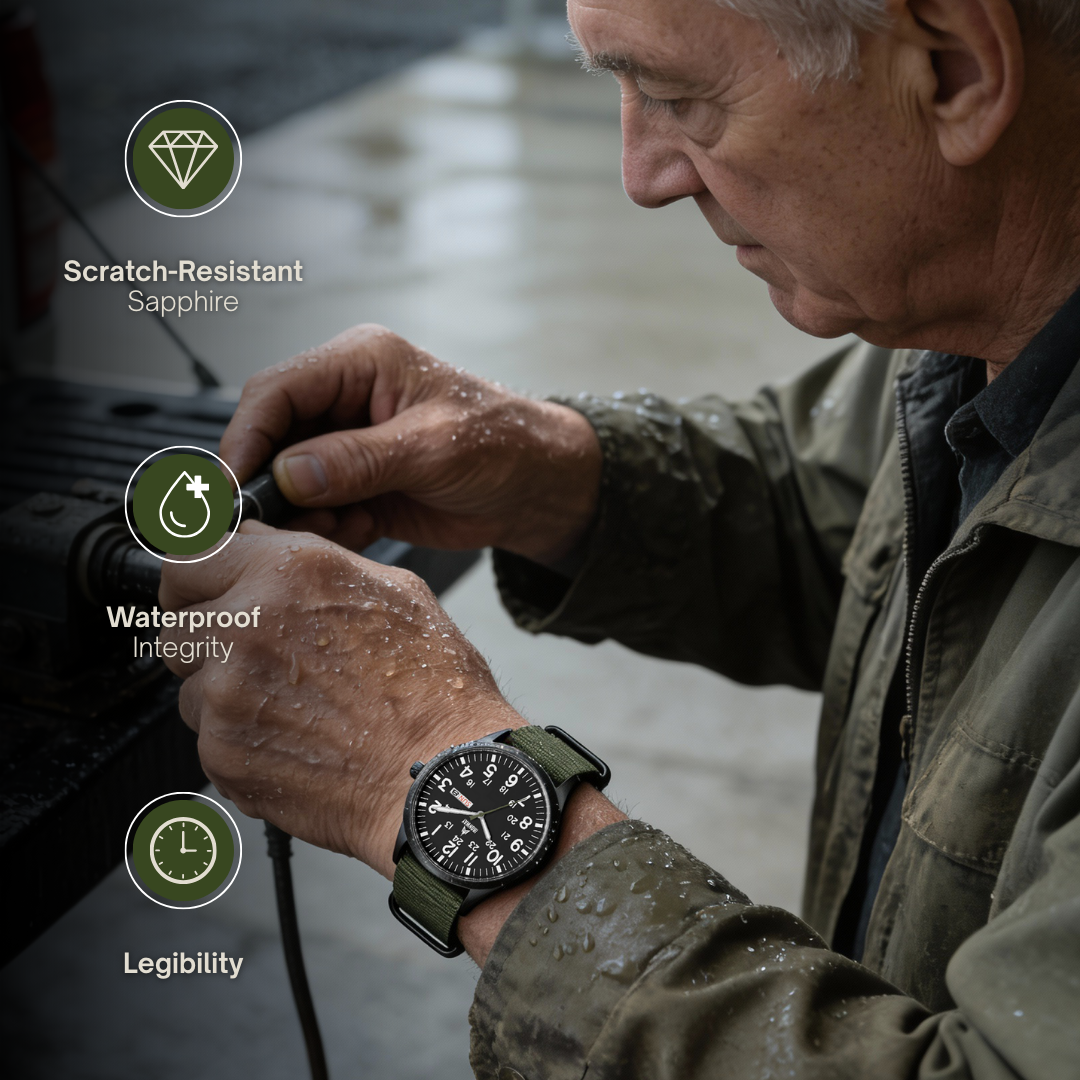 An older man in a wet green jacket wearing a black watch with a green strap.
