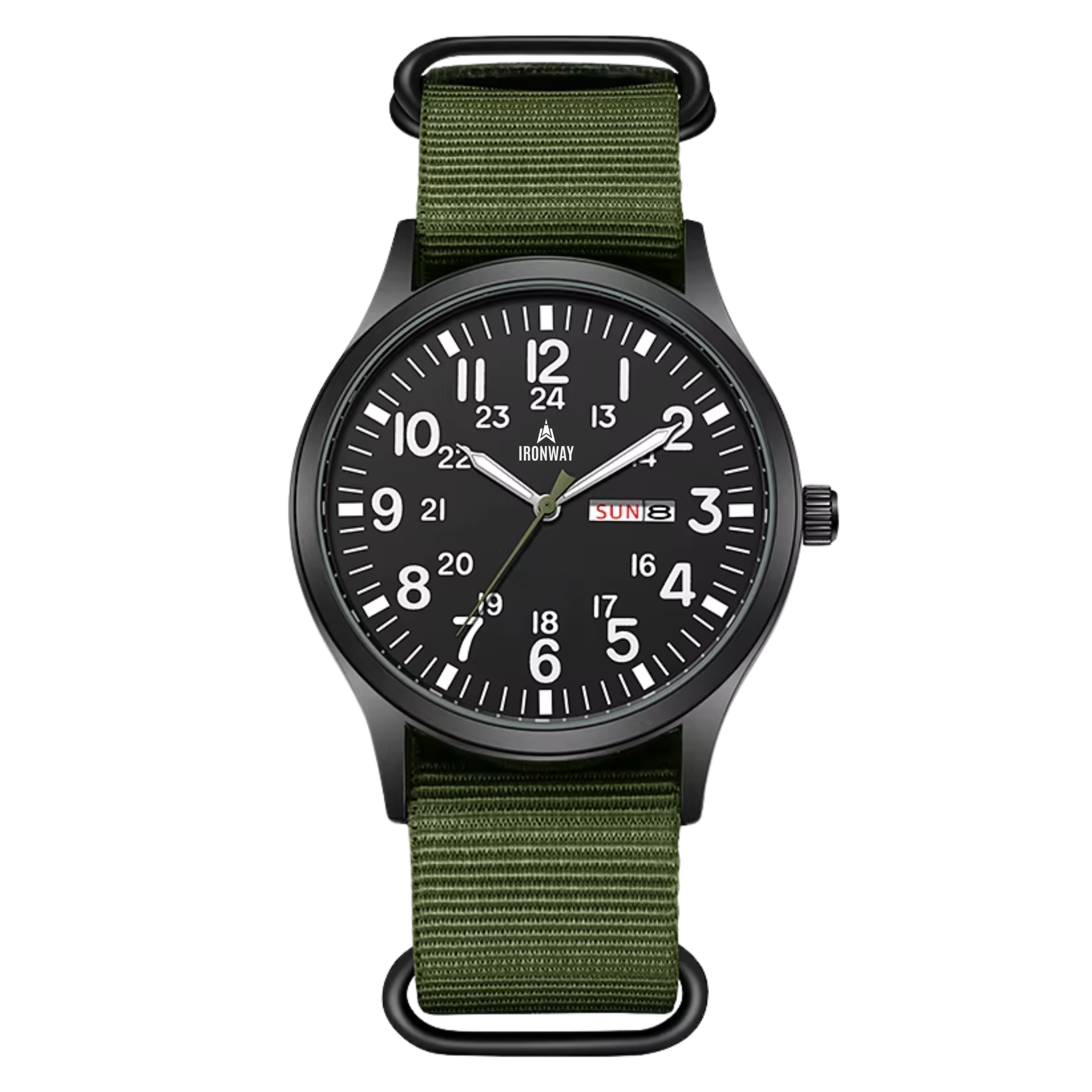 Black watch with green strap, day and date display.