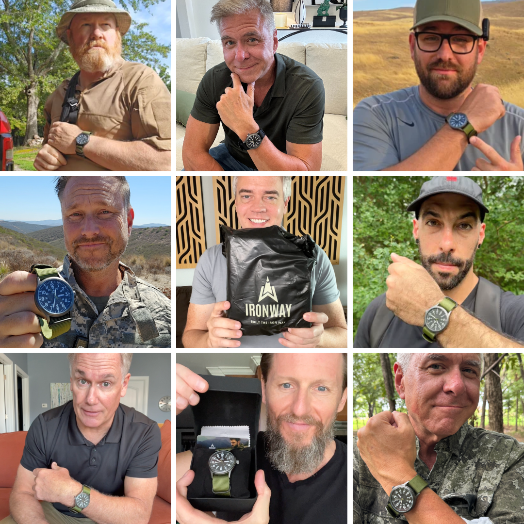 Nine men showcasing watches, some holding packaging, outdoors and indoors.