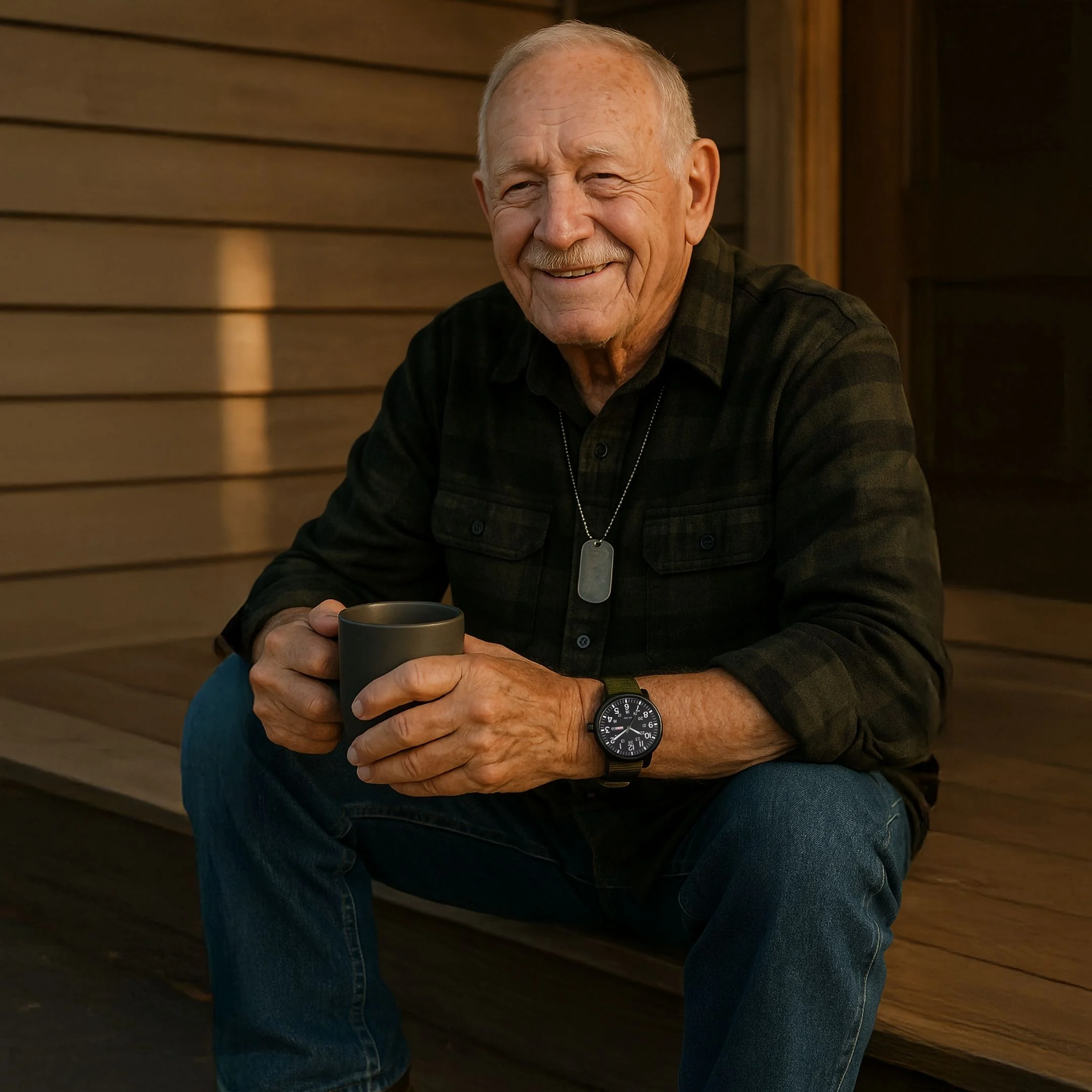 Elderly man sitting on porch, holding a mug, wearing a watch and dog tag necklace.
