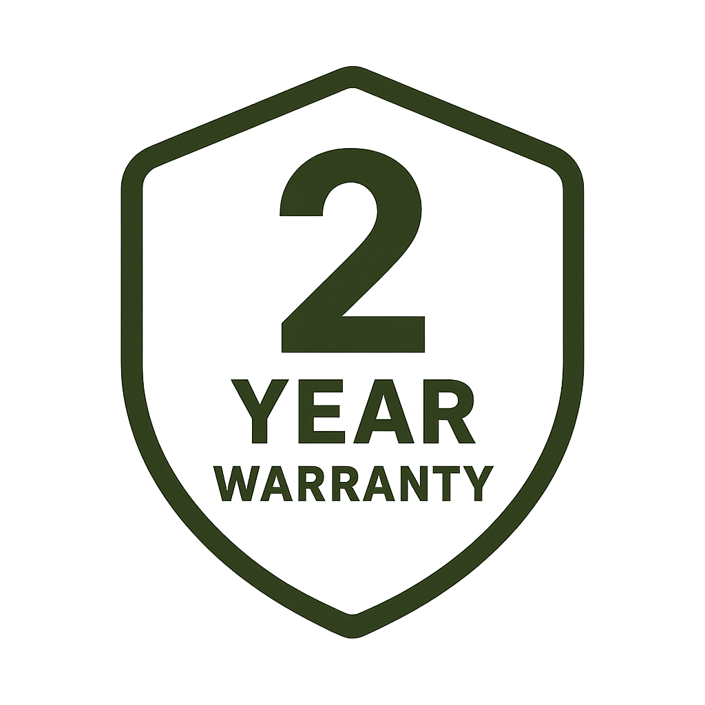 Shield emblem with '2 Year Warranty' text.