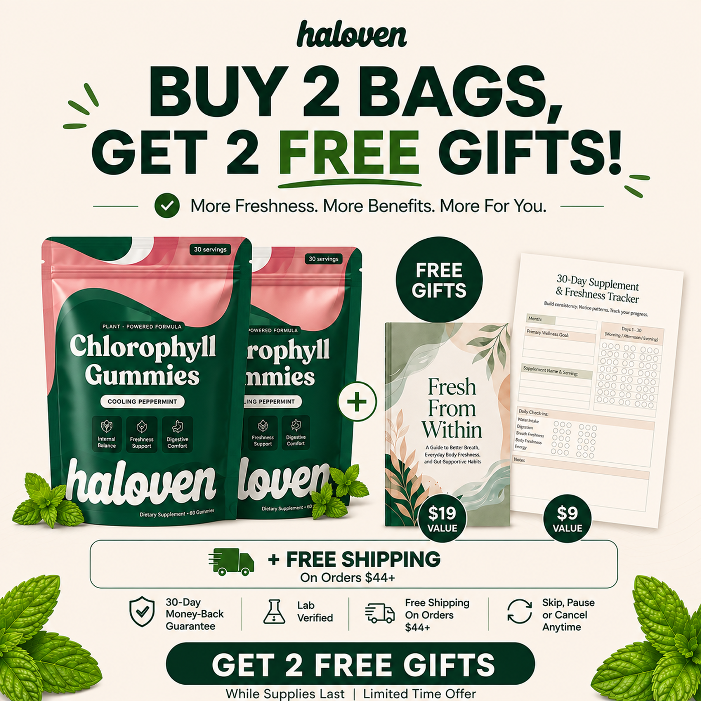 An advertisement for Haloven Chlorophyll Gummies showing a promotion: buy two bags, get two free gifts.