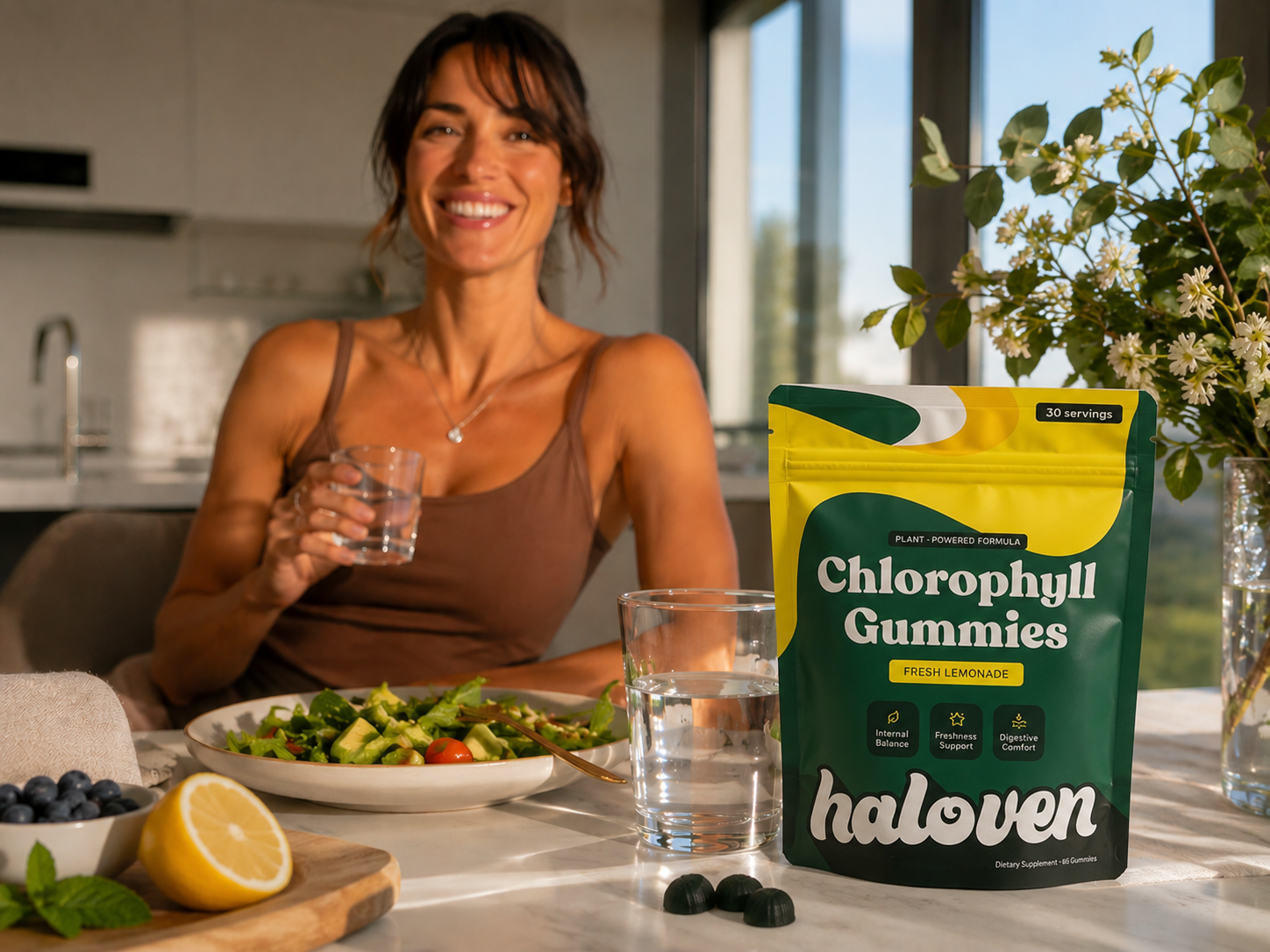 A smiling woman sits at a table with a bag of Haloven Chlorophyll Gummies next to a salad.