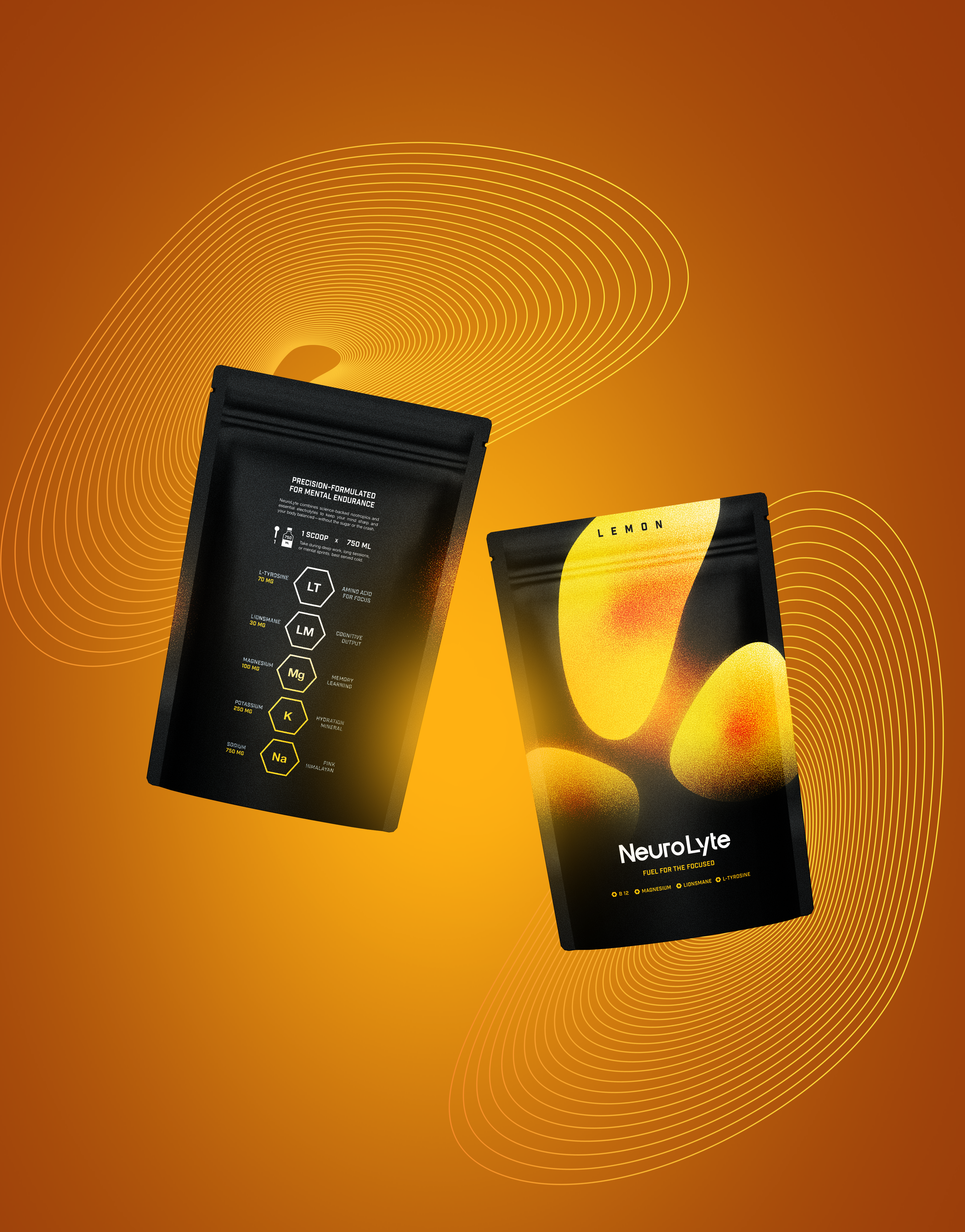 Two black pouches with yellow designs and text, on an orange background.