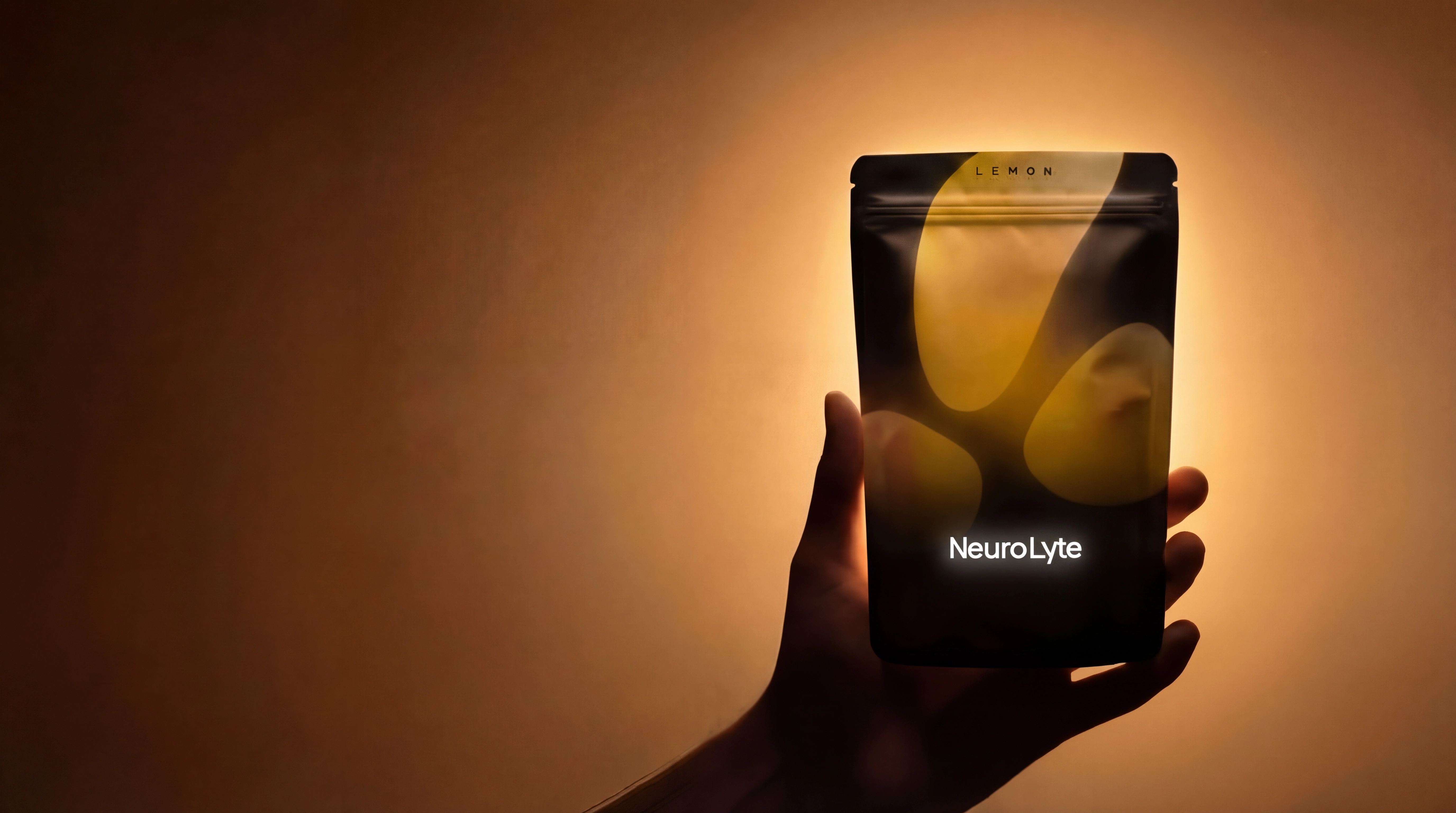 A hand holding a glowing black pouch of NeuroLyte lemon supplement against a warm background.