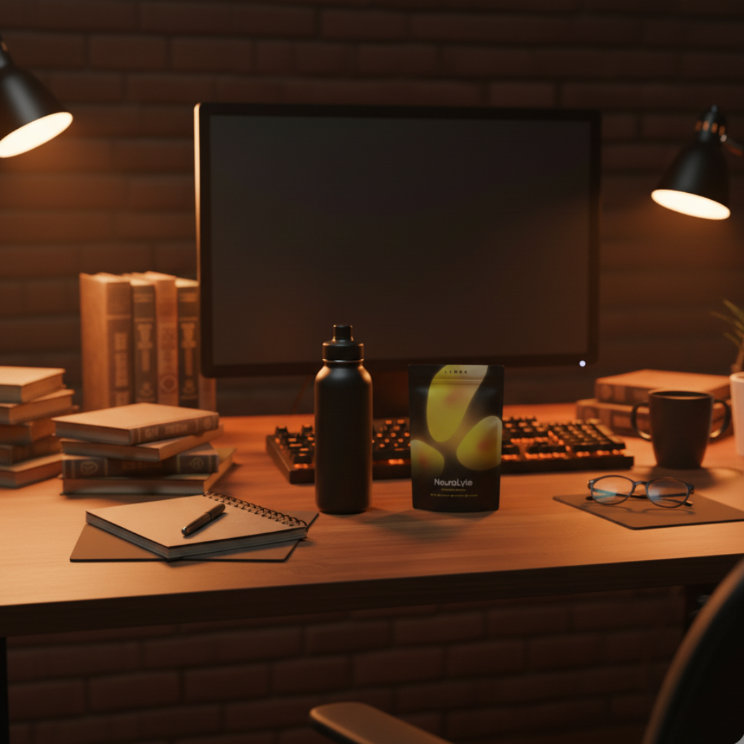 A dimly lit desk with books, a monitor, and a water bottle.