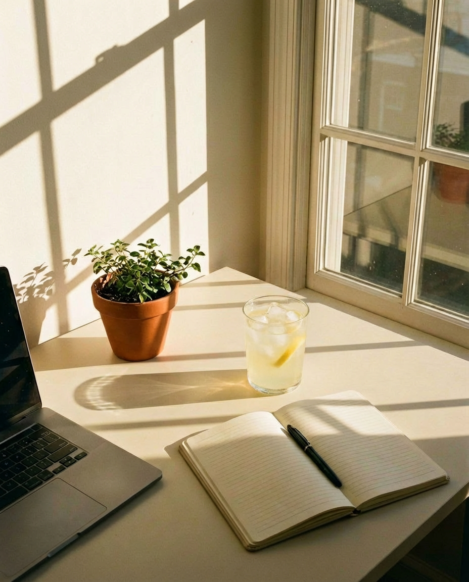 A sunlit desk by a window with a laptop, a potted plant, a drink, and an open notebook.
