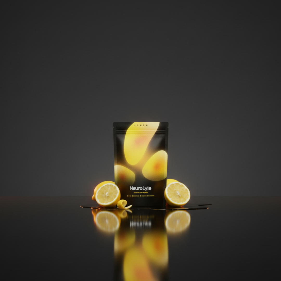 Black pouch with lemons and lemon slices on a reflective surface.