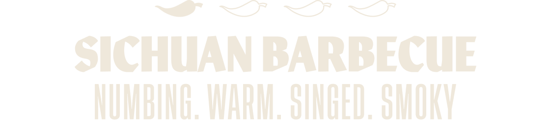 Logo for Sichuan Barbecue with four chili pepper icons and text reading Numbing. Warm. Singed. Smoky.