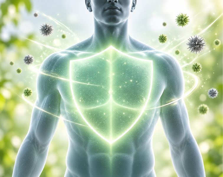 An illustration of a man's torso with a glowing shield protecting it from surrounding virus particles.