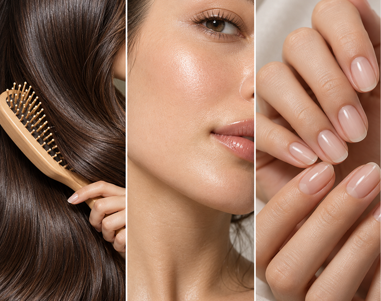 A triptych of close-up images showing a person brushing hair, a woman's glowing skin, and manicured fingernails.