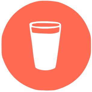 A white icon of a drinking glass inside a coral-colored circle.