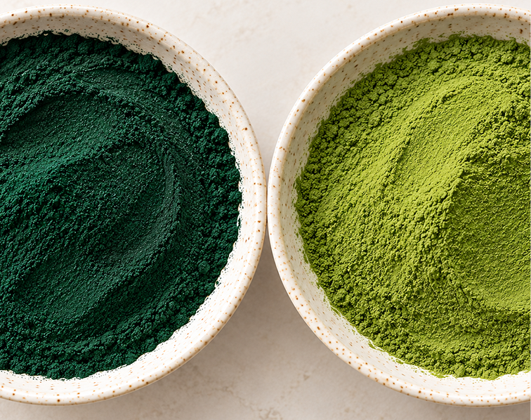 A close-up, overhead shot of two bowls filled with dark green and light green powders, side-by-side.