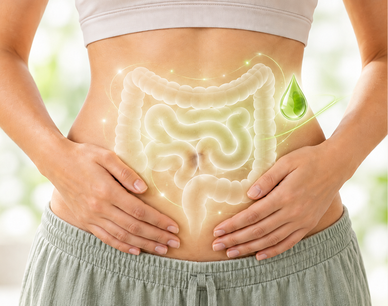 A woman's abdomen with a glowing illustration of the intestines and a green droplet superimposed over it.