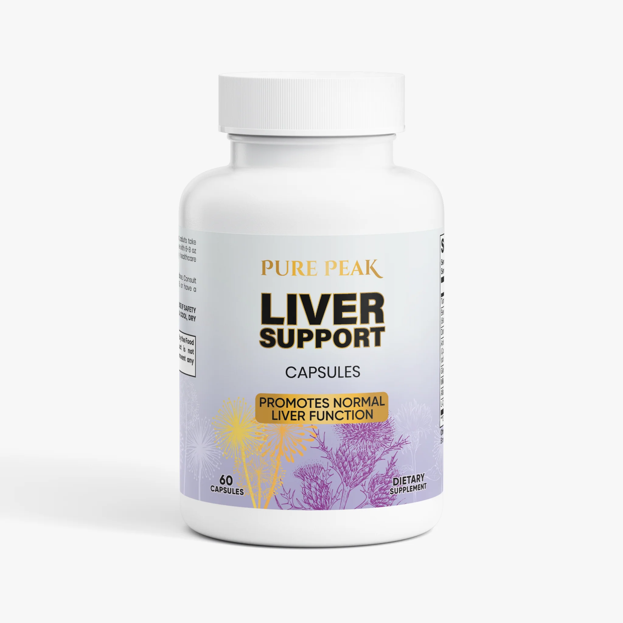 A white bottle of Pure Peak Liver Support dietary supplement capsules against a light grey background.