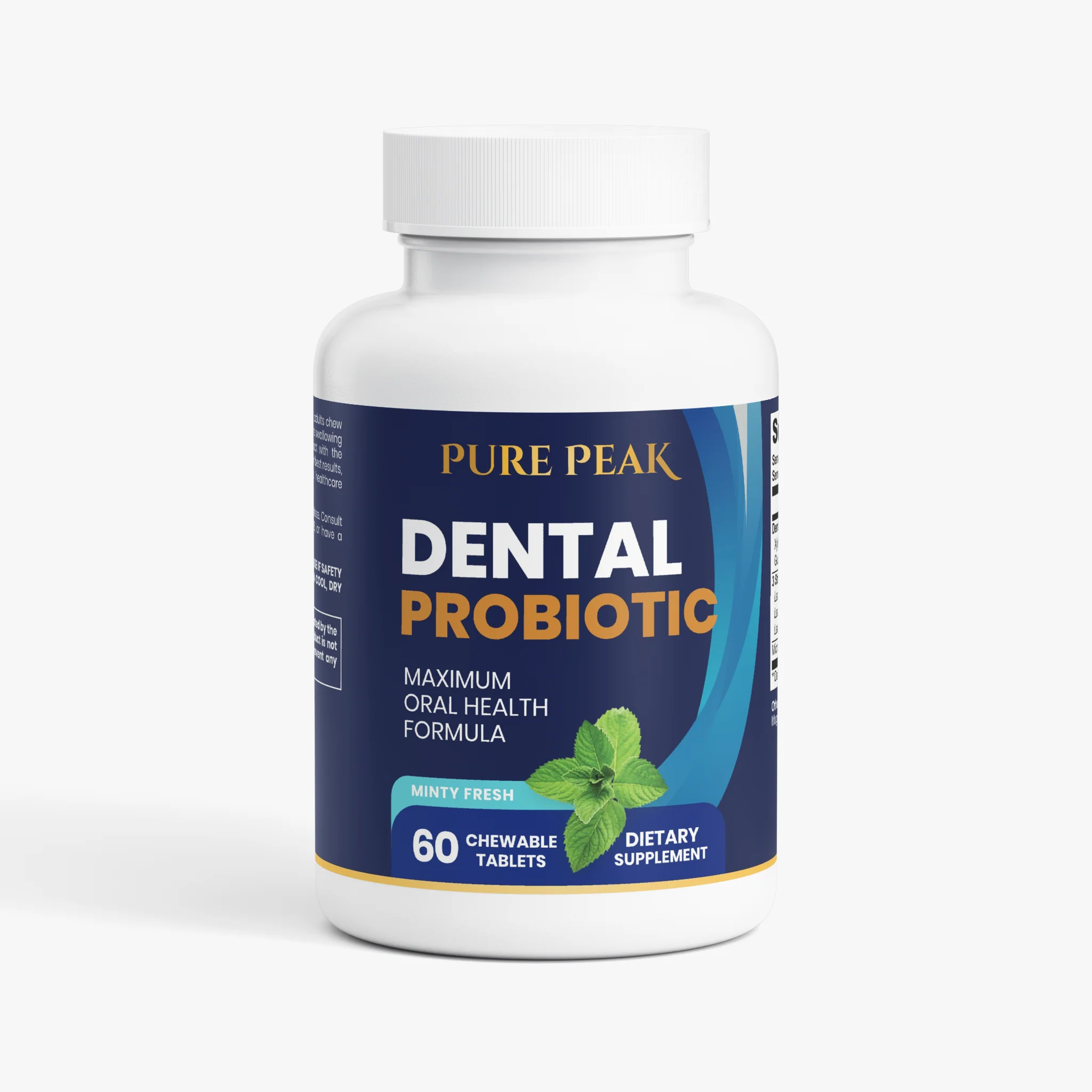A white bottle of Pure Peak Dental Probiotic, a minty fresh dietary supplement with 60 chewable tablets.