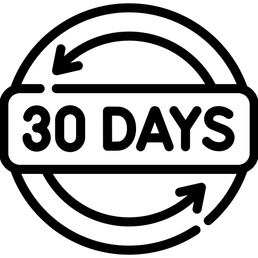 A black and white icon showing the text '30 DAYS' inside a circle made of two arrows.