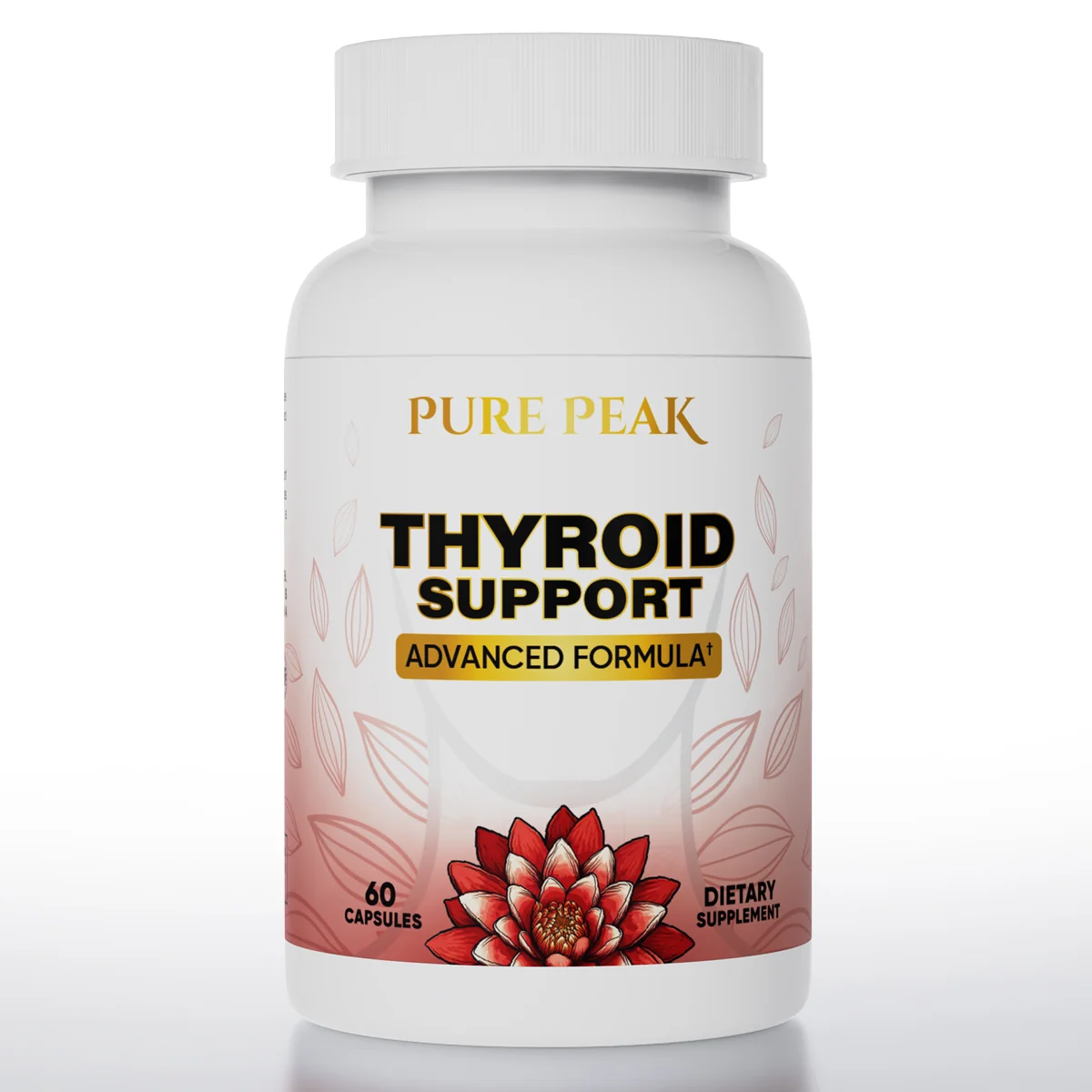 A white bottle of Pure Peak Thyroid Support dietary supplement against a plain white background.