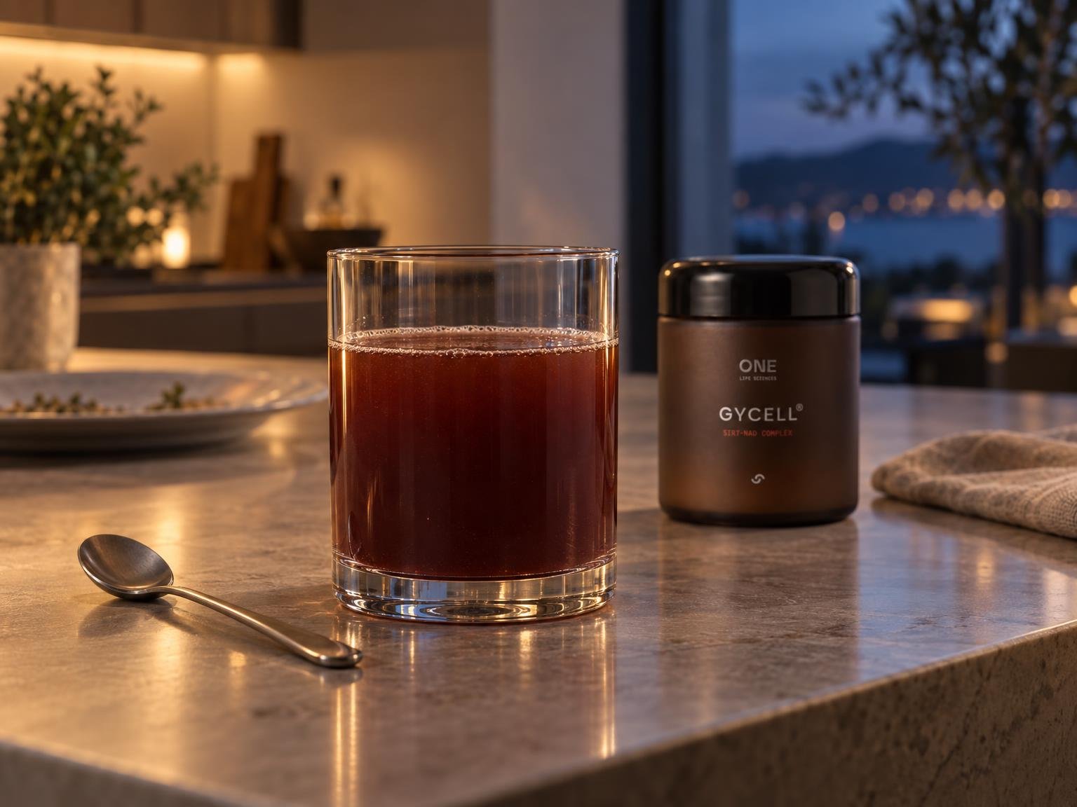A glass of red liquid and a jar of GYCELL supplement on a kitchen counter at dusk.