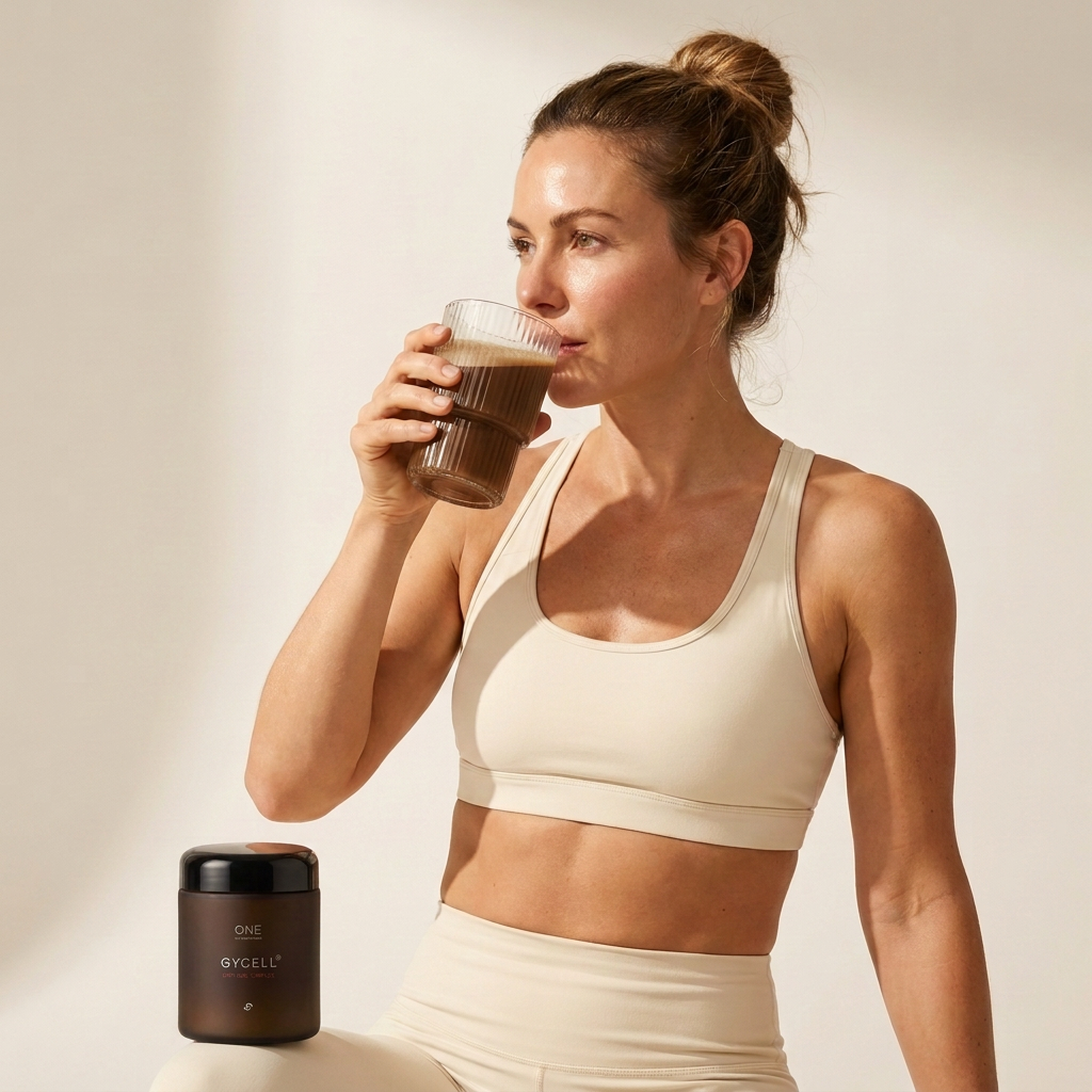 A woman in workout clothes drinks from a glass, with a jar of One Gycell supplement beside her.