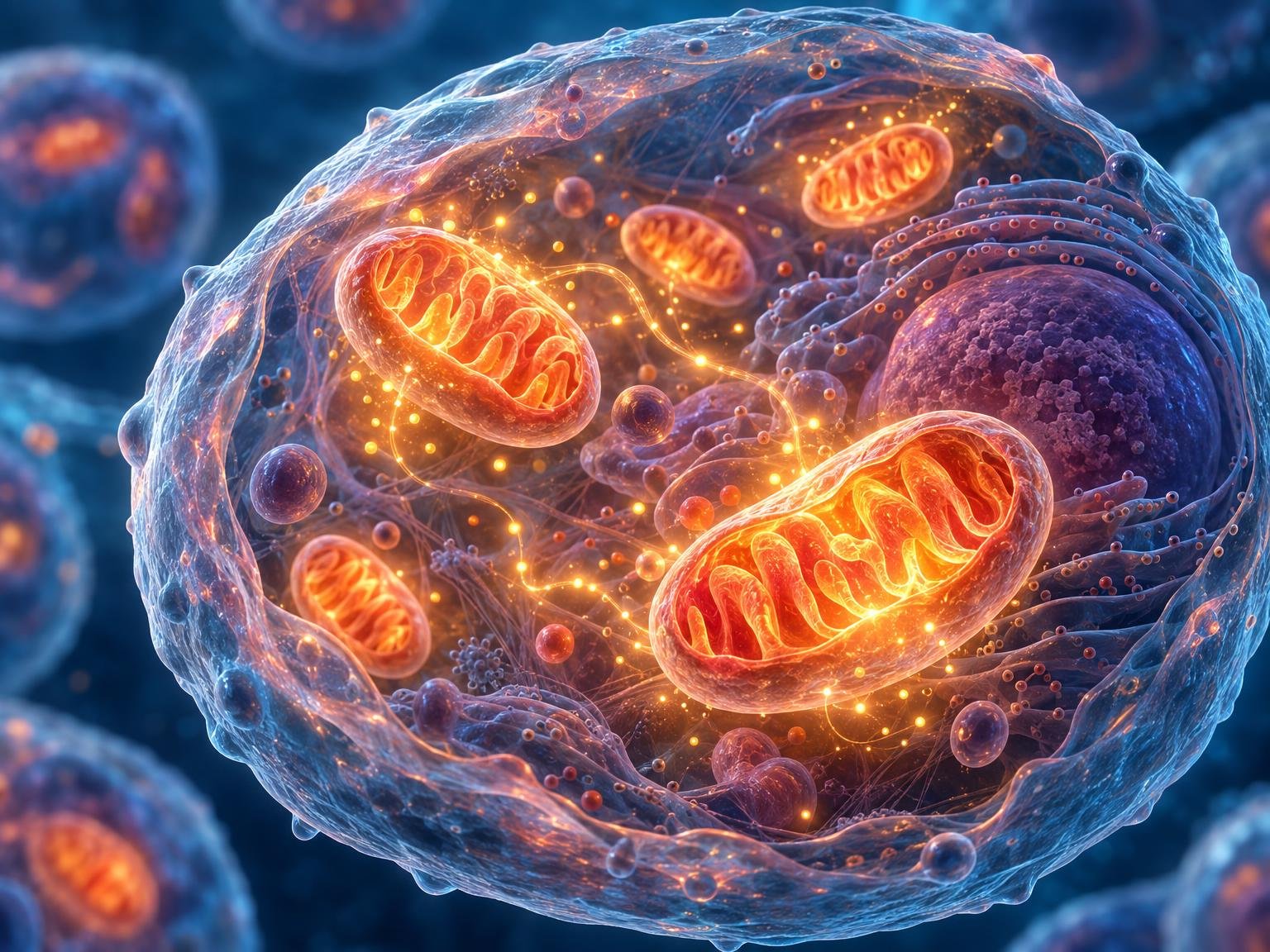 A detailed, artistic illustration of an animal cell, showing glowing orange mitochondria within the cytoplasm.