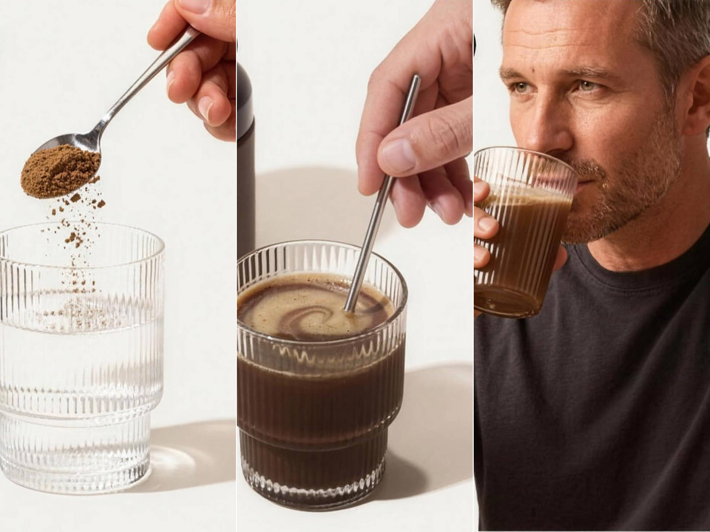 A three-panel image showing a powder being mixed into water and then drunk by a man.