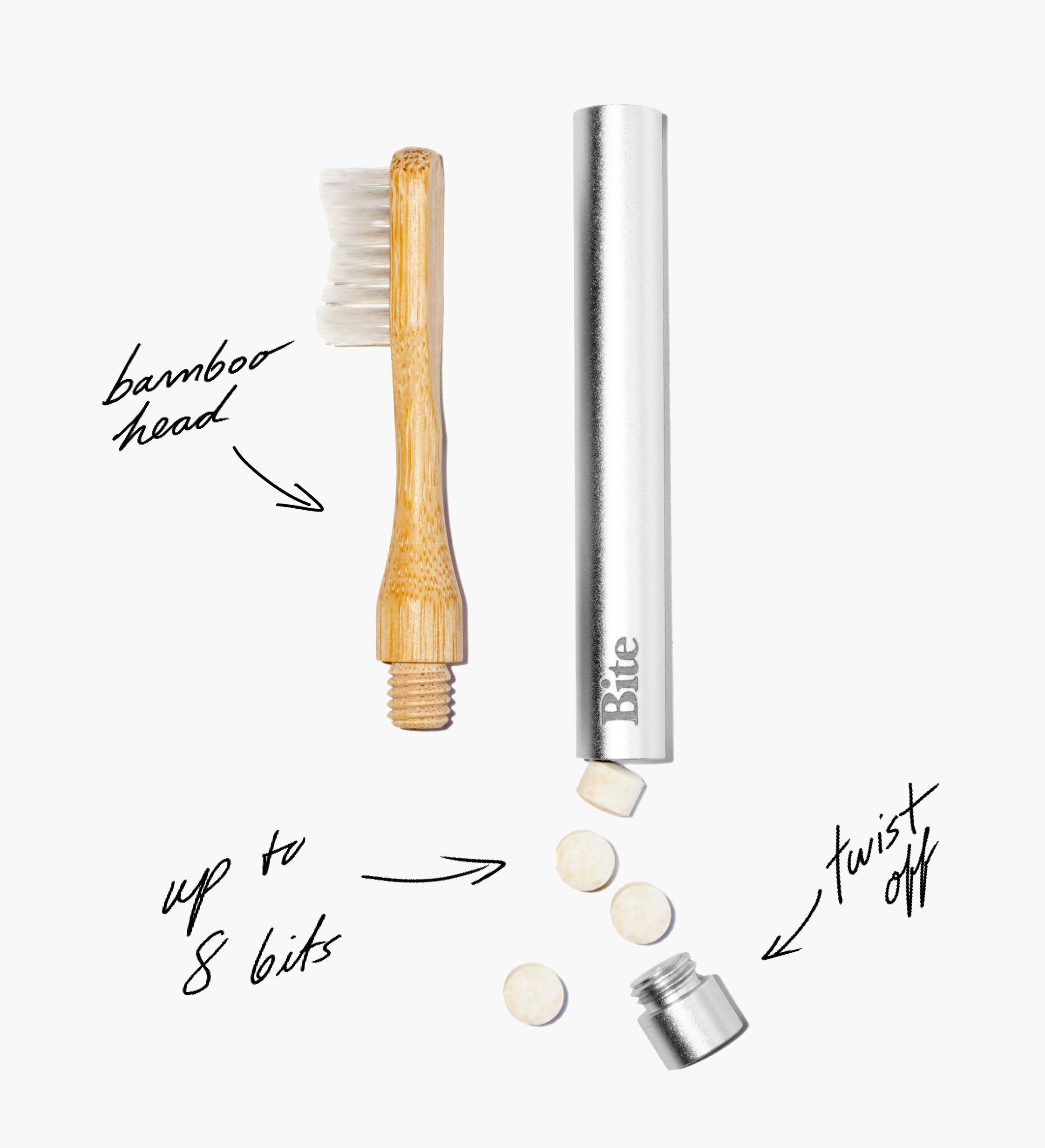 A diagram of a travel toothbrush with a bamboo head, a handle that holds toothpaste bits.