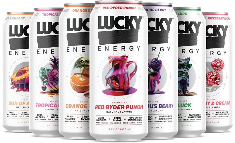 A black pouch of Lucky Energy Gummies next to two red, bear-shaped gummies on a transparent background.