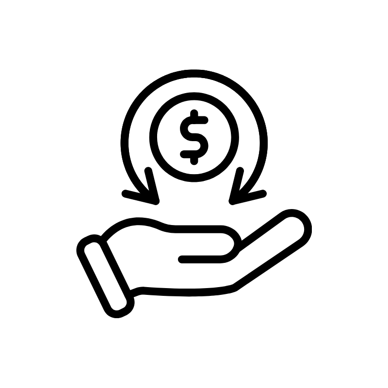 Outline of a hand with a dollar sign and arrows above it.