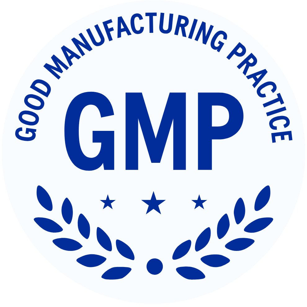 A blue and white circular logo for Good Manufacturing Practice (GMP) with stars and a laurel wreath.