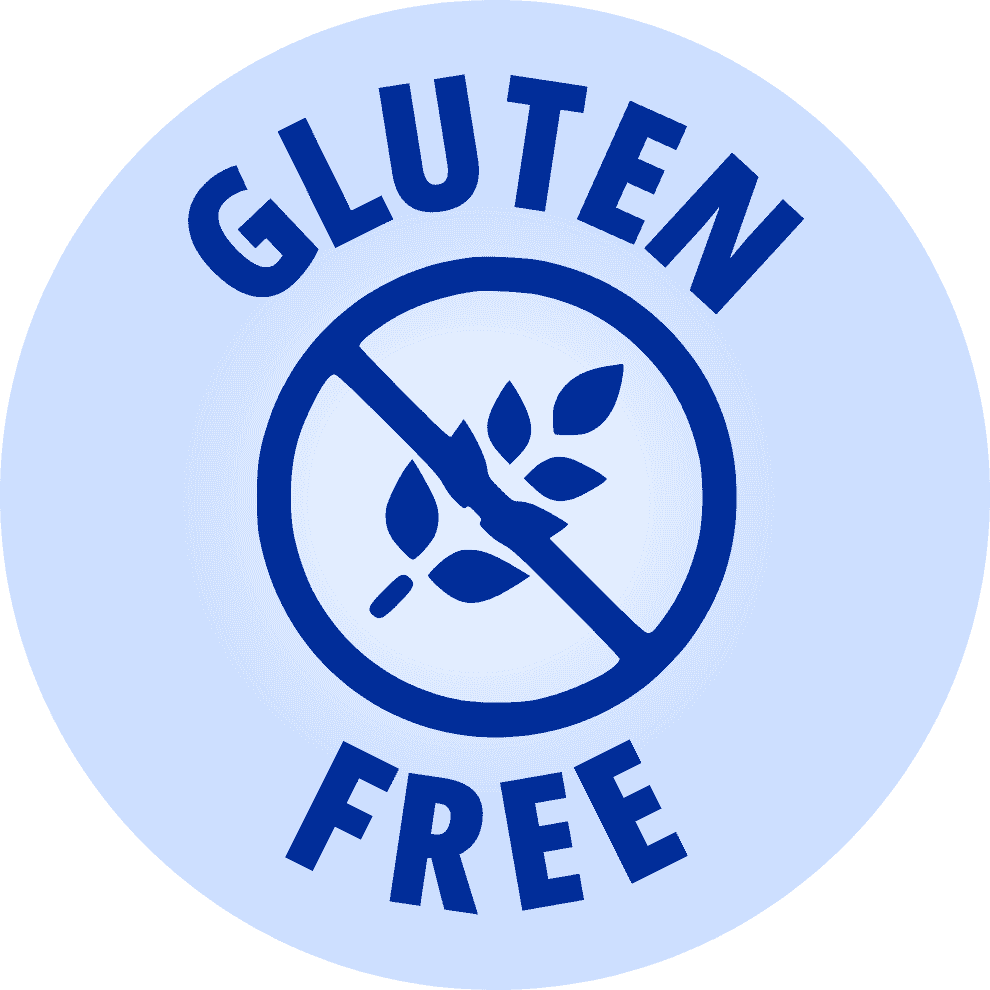 A blue circular 'Gluten Free' icon with a symbol of a crossed-out wheat stalk.
