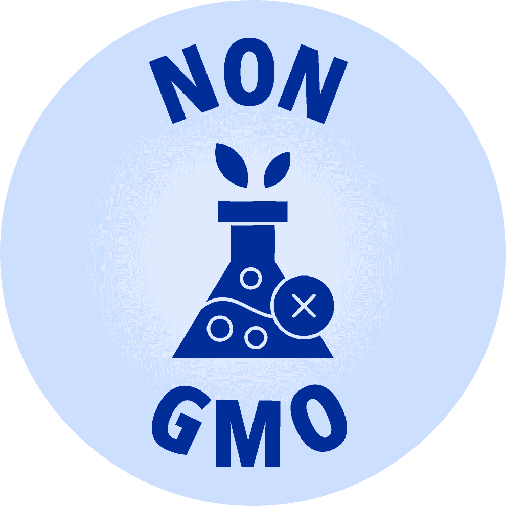 A blue 'Non GMO' icon featuring a plant sprouting from a science flask with an X over it.