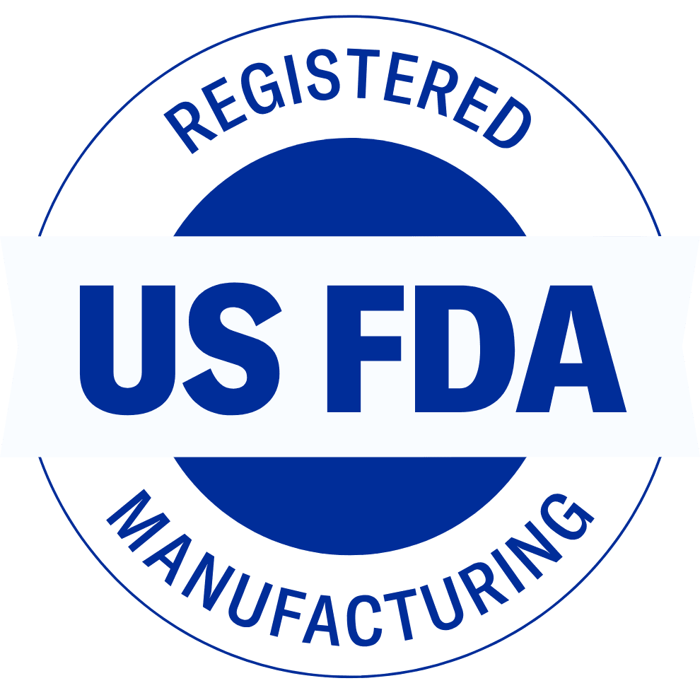 A blue circular seal that reads 'Registered US FDA Manufacturing' on a white background.