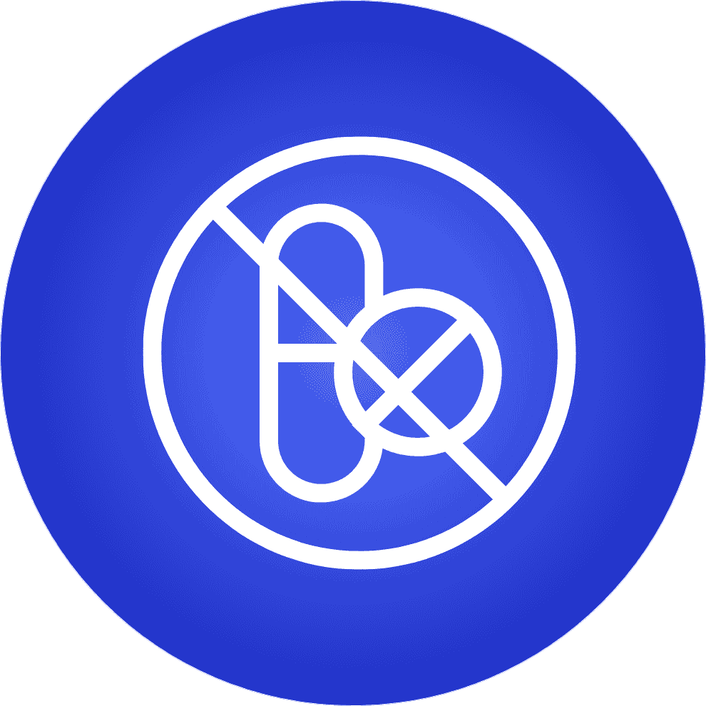 A blue circular icon with a white line drawing of a crossed-out pill and capsule.