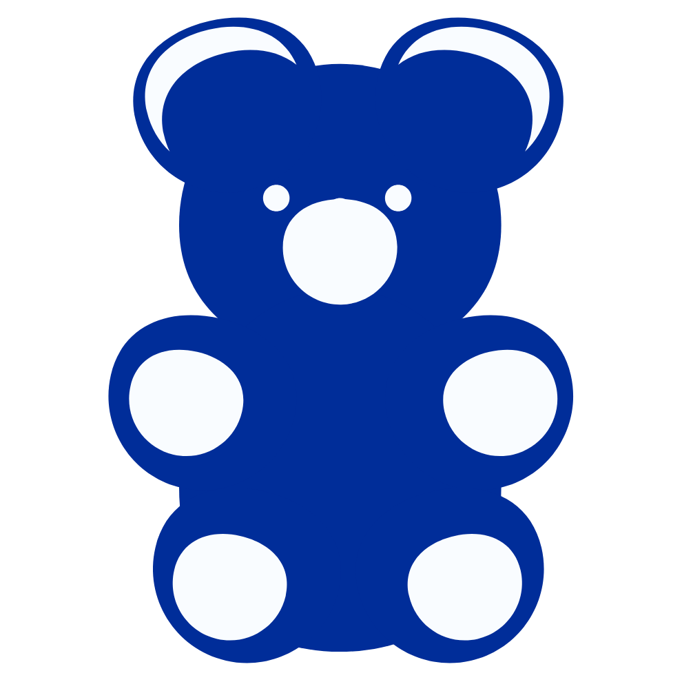 A simple blue and white graphic icon of a teddy bear.
