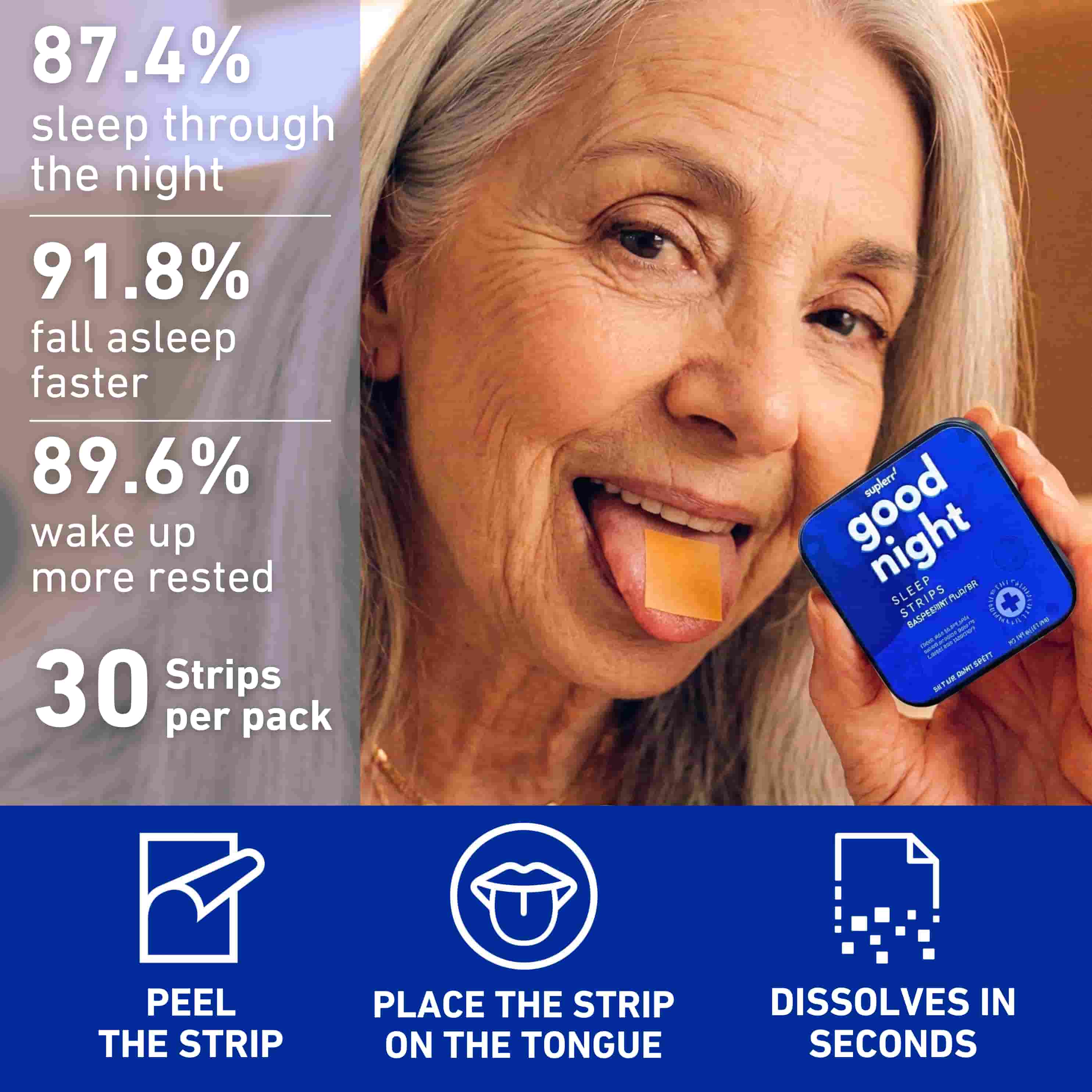An older woman uses a sleep strip in an advertisement that lists product benefits and instructions.