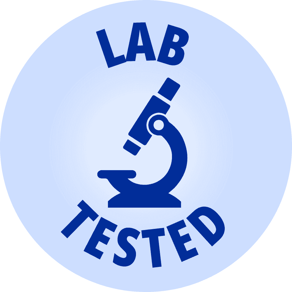 A blue circular icon with a microscope that says 'Lab Tested'.