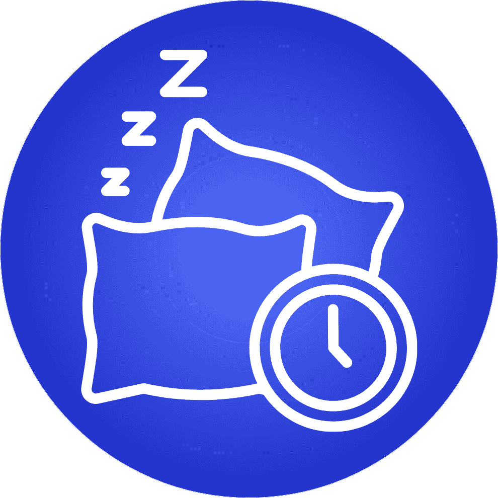 A blue circular icon with a white outline of pillows, Z's, and a clock.