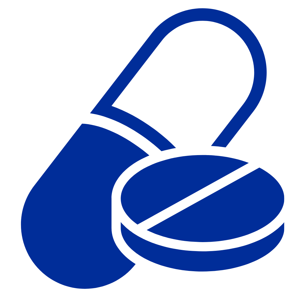 A blue icon of a capsule and a round, scored tablet on a white background.