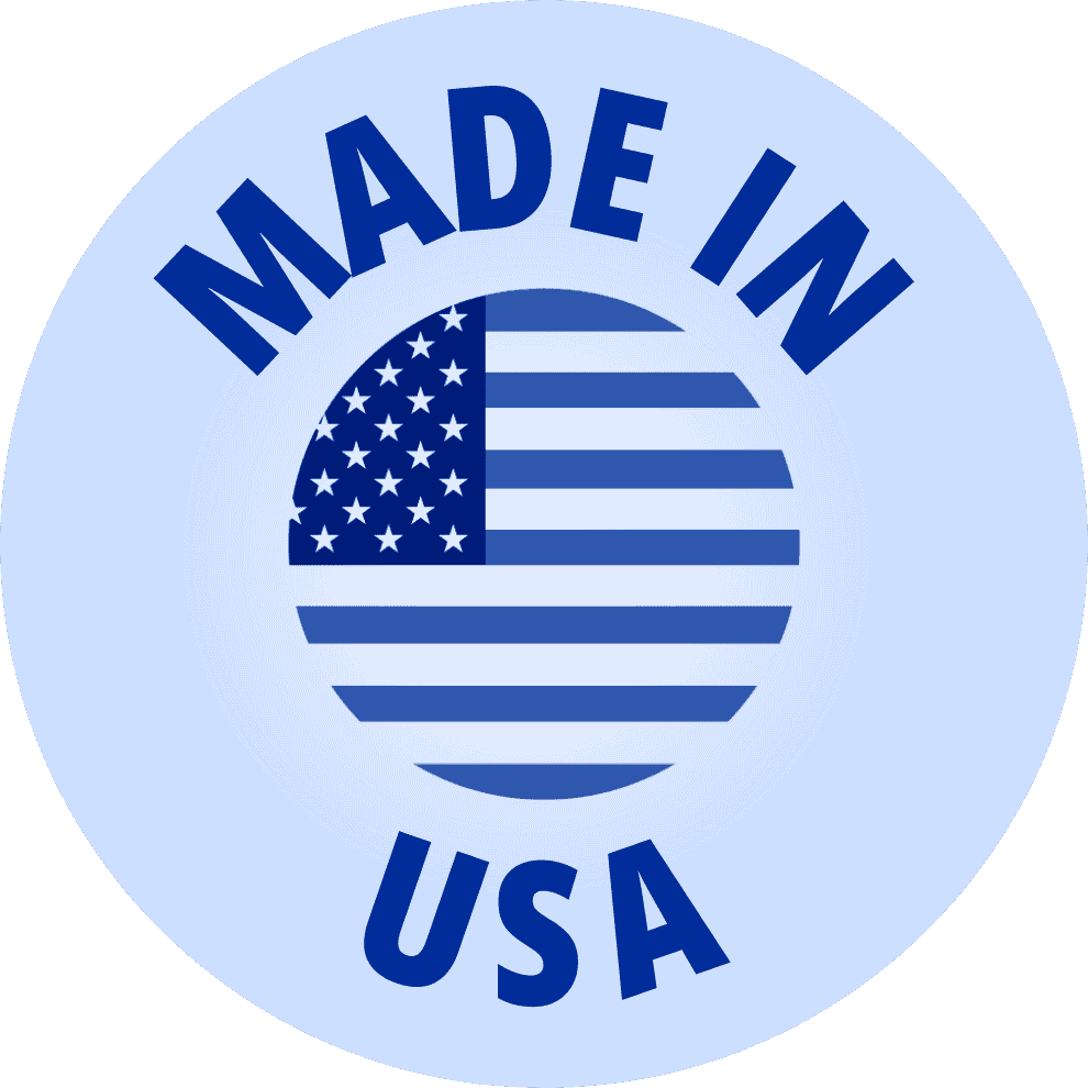 A blue and white circular 'Made in USA' logo with a stylized American flag in the center.
