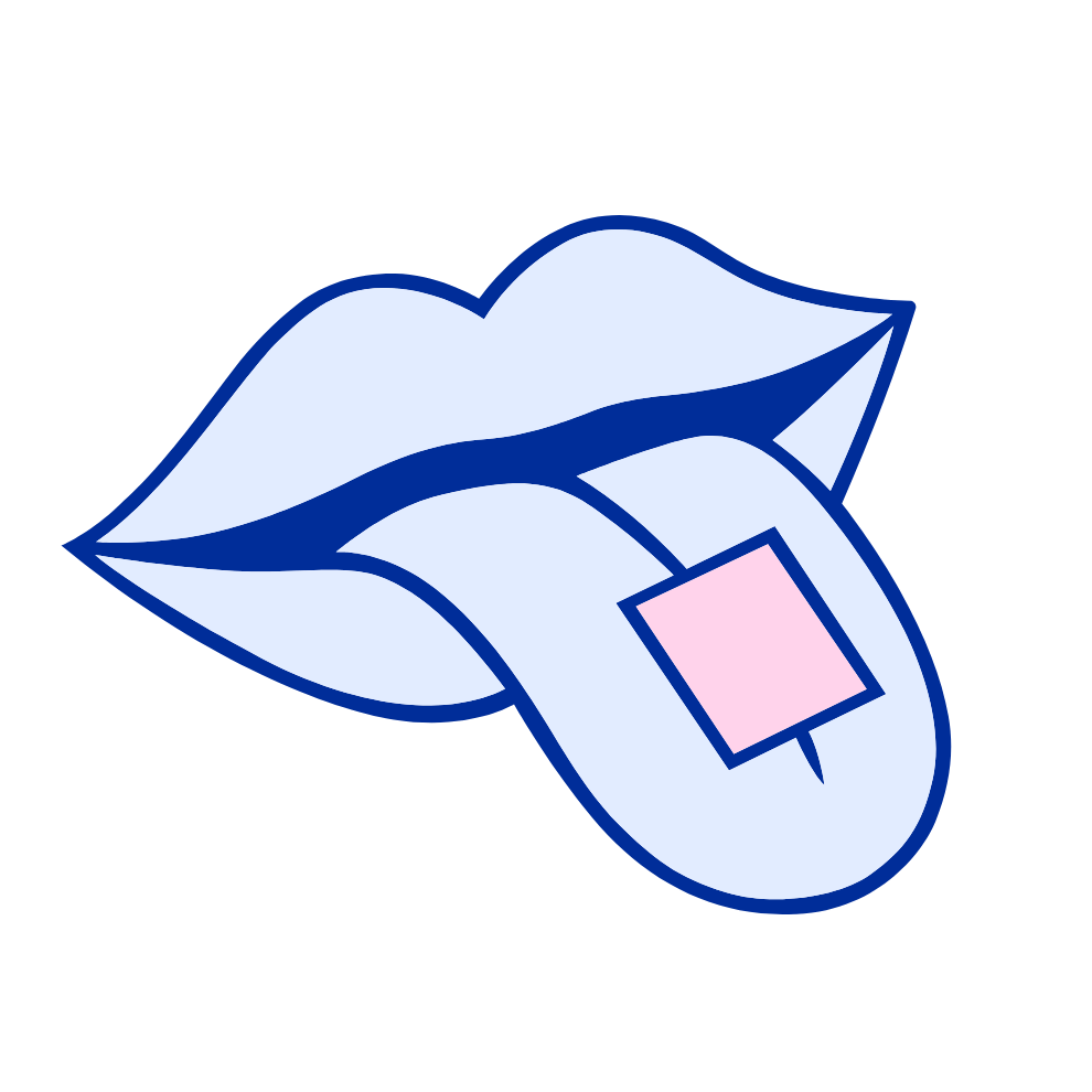 A stylized illustration of light blue lips with a tongue sticking out, holding a small pink tab.