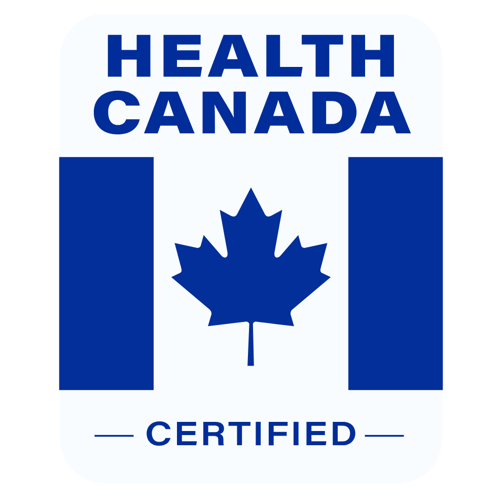 The Health Canada Certified logo, featuring a blue maple leaf on a stylized Canadian flag.