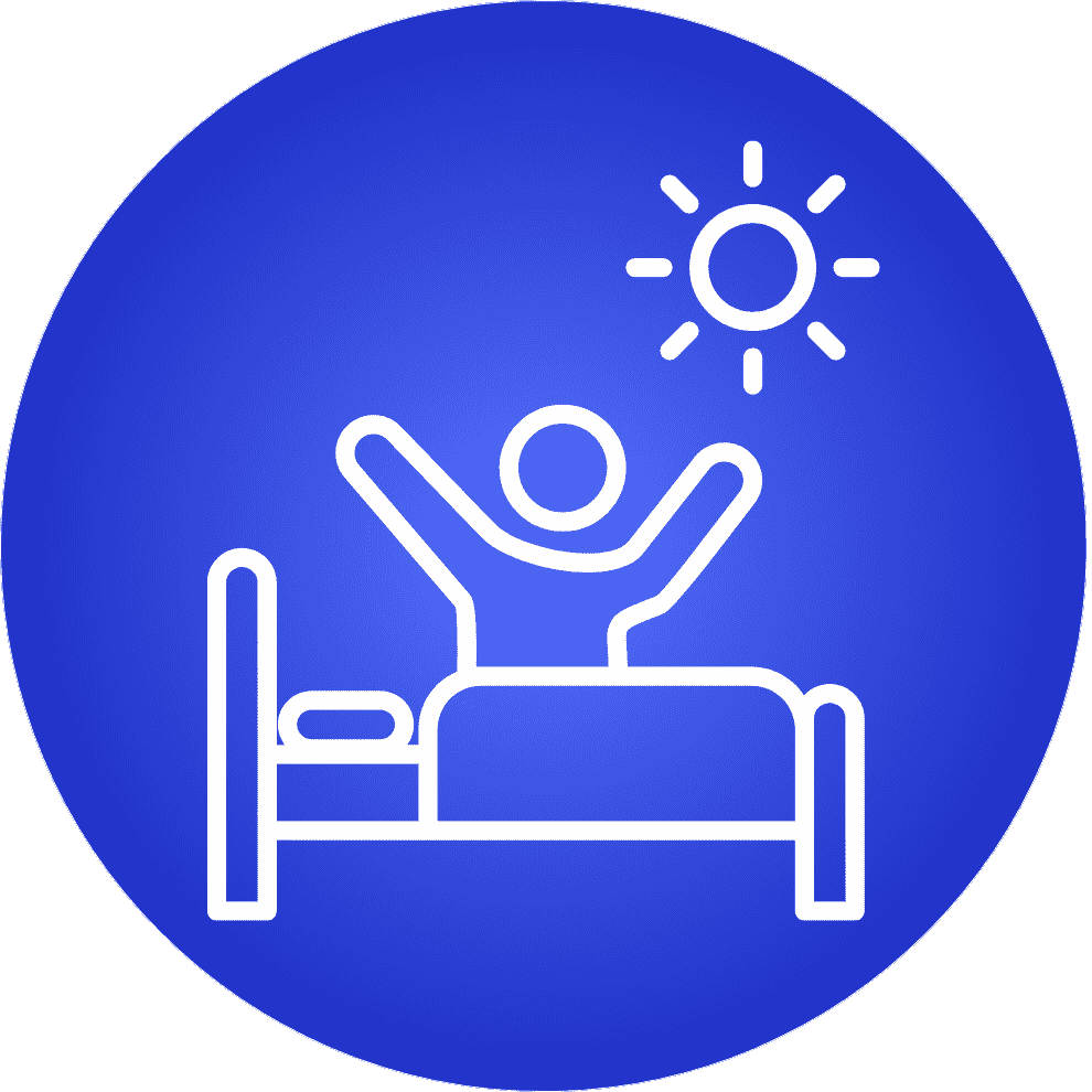Icon of a person stretching while waking up in bed with the sun shining.