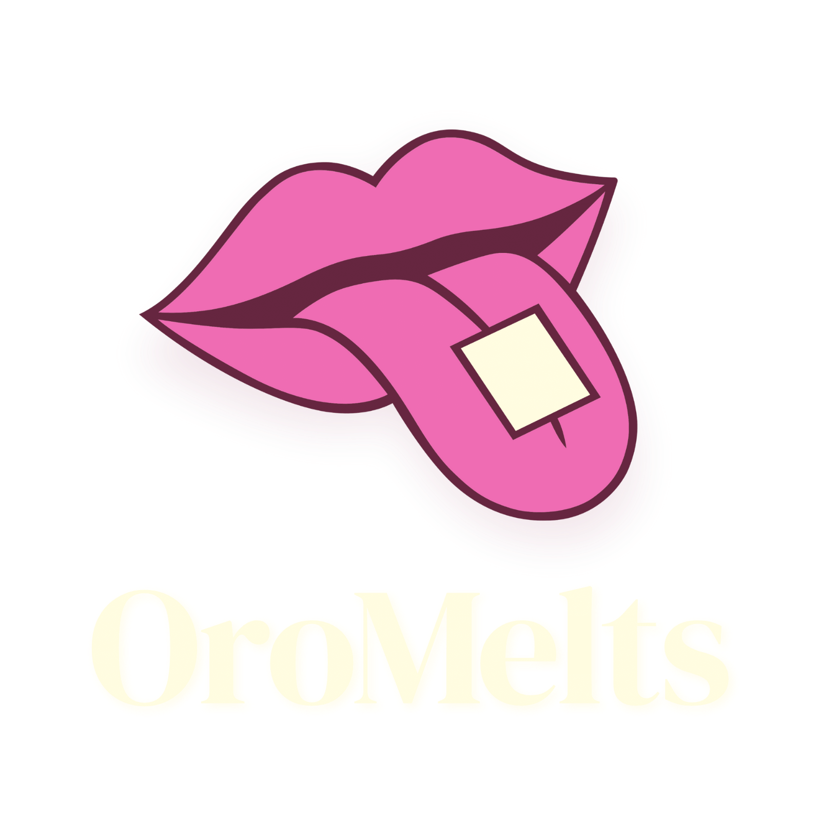 A stylized illustration of light blue lips with a tongue sticking out, holding a small pink tab.