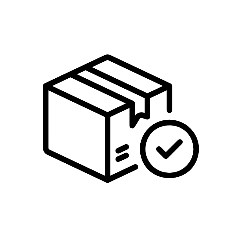 Outlined box with a checkmark in a circle.