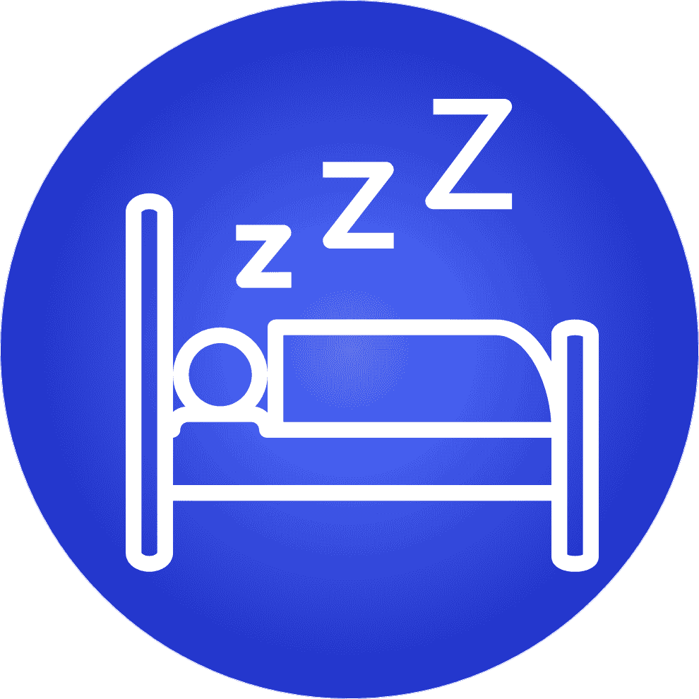 A white icon of a person sleeping in a bed, set against a blue circular background.