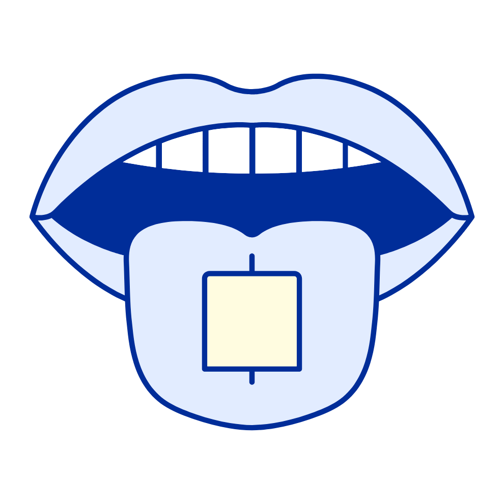 A stylized illustration of an open mouth with a square object on the tongue.